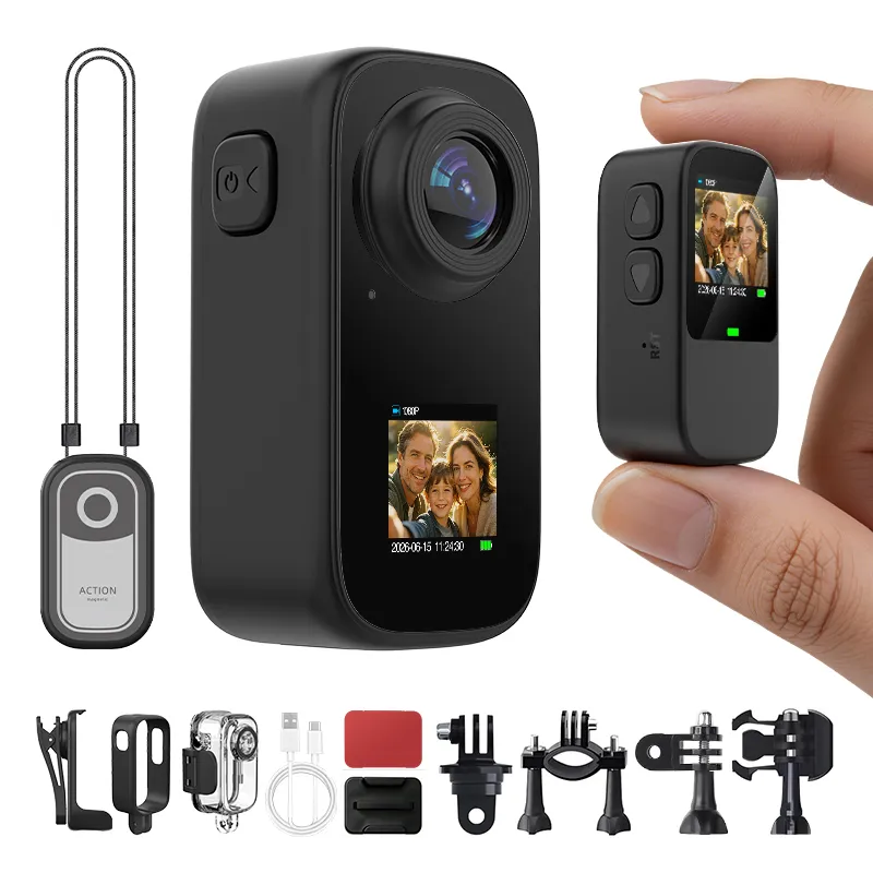 Black action video camera with front lens, rear playback screen, magnetic lanyard pendant, handheld unit and full accessory kit