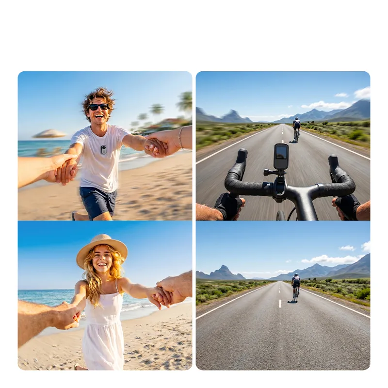 Action video camera sample footage panels of a beach walk and a bicycle road ride