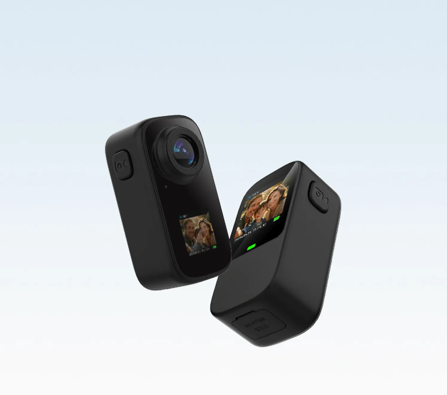 Thumb size camera with dual screen, front and back view