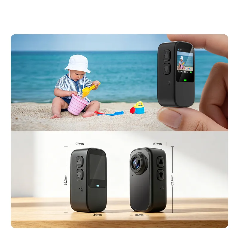 small waterproof action camera AC-18 held in one hand to show its thumb-size body