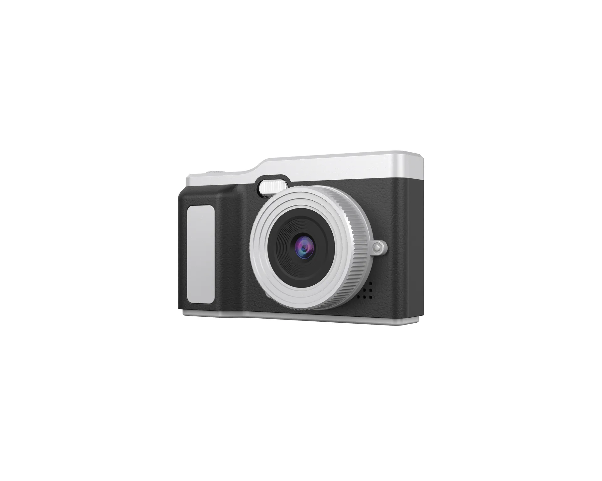 black small digital camera with a textured front panel and fixed lens, three quarter view