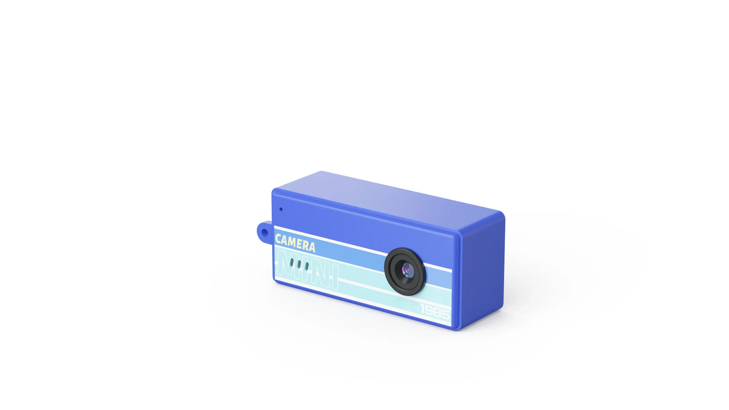 Blue best pocket camera candidate with retro color-block print, straight front view