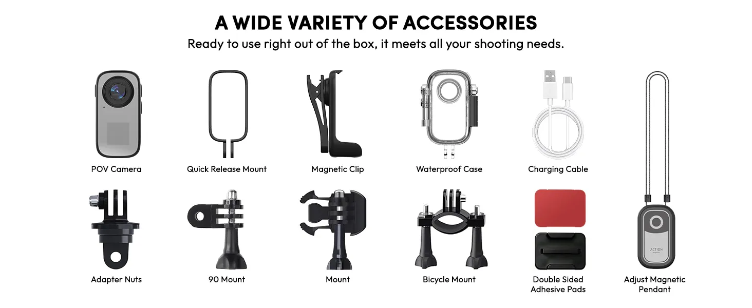 waterproof digital camera accessories with waterproof case, quick release mount, and charging cable